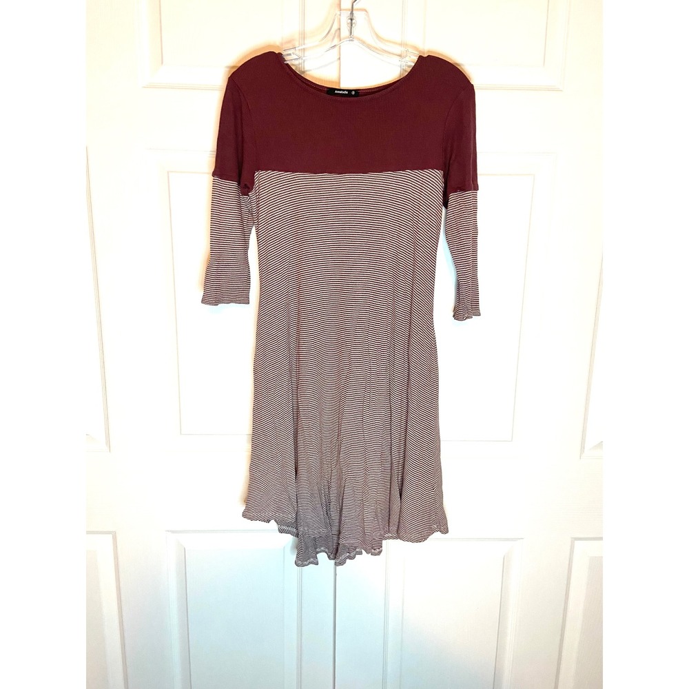 Annabelle Burgundy Striped Fit Flare Dress Waffle Knit 3/4 Sleeve Small
